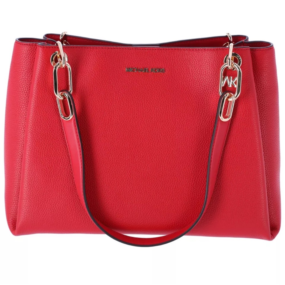 Michael Kors Trisha Large Triple Gusset Compartment Shoulder Tote Bright Red - Picture 3 of 10